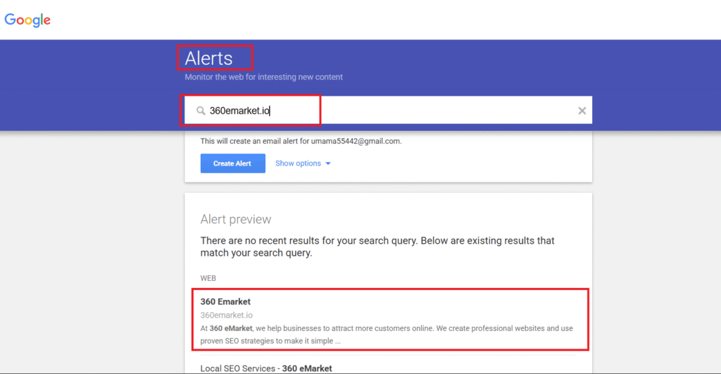 Screenshot of a Google Alerts page for "360emarket.io" a search result for SEO Reputation Management.