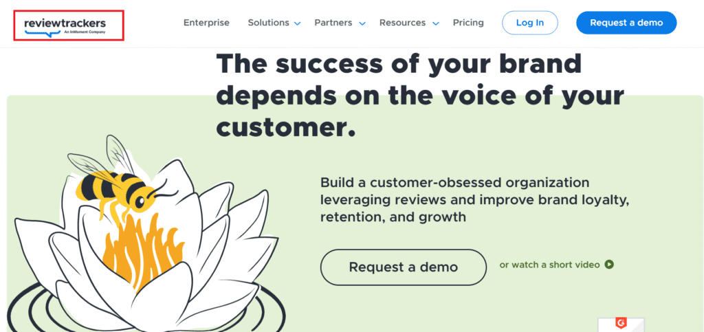 Review Tracker Webpage with a bee on a flower and text about brand success, emphasizing SEO Reputation Management.
