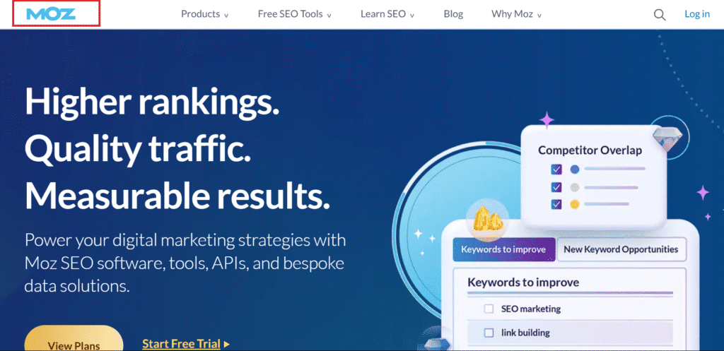 Moz website banner on SEO Reputation Management with marketing keywords and competitor overlap features.