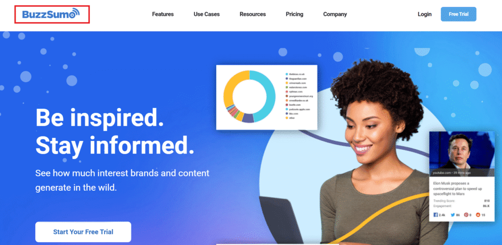 BuzzSumo promotional graphic showcasing features, a circular infographic, and a smiling woman using SEO Reputation Management.