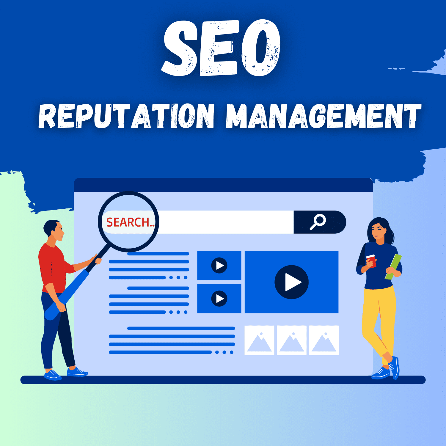 Illustration of SEO Reputation Management featuring a large browser window with search and media icons.