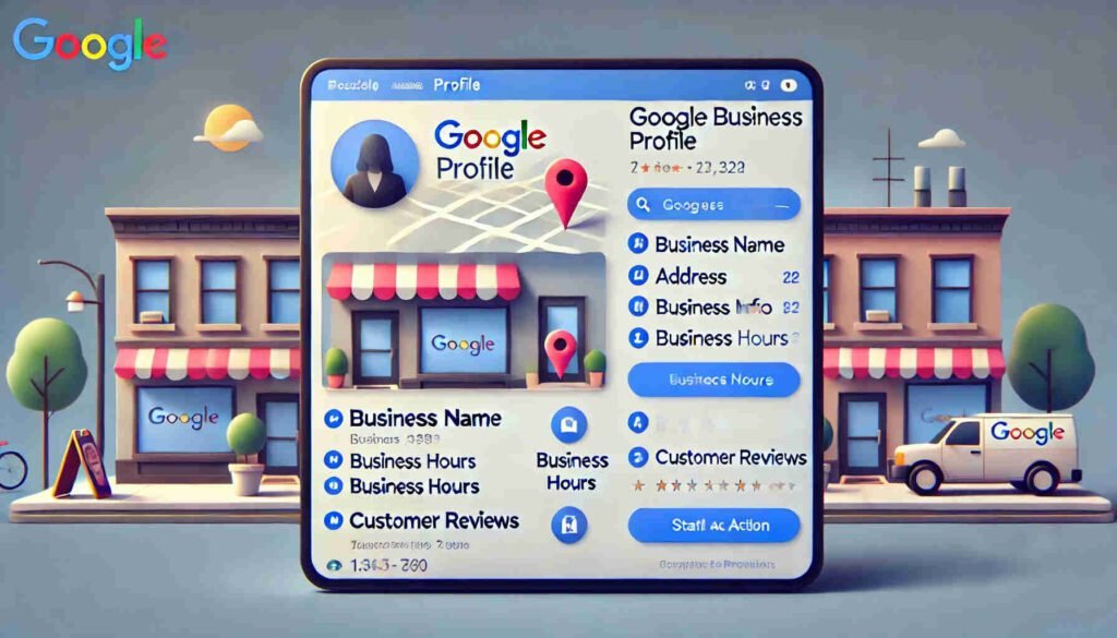 Google My Business Profile Interface with Business names, hours and reviews.