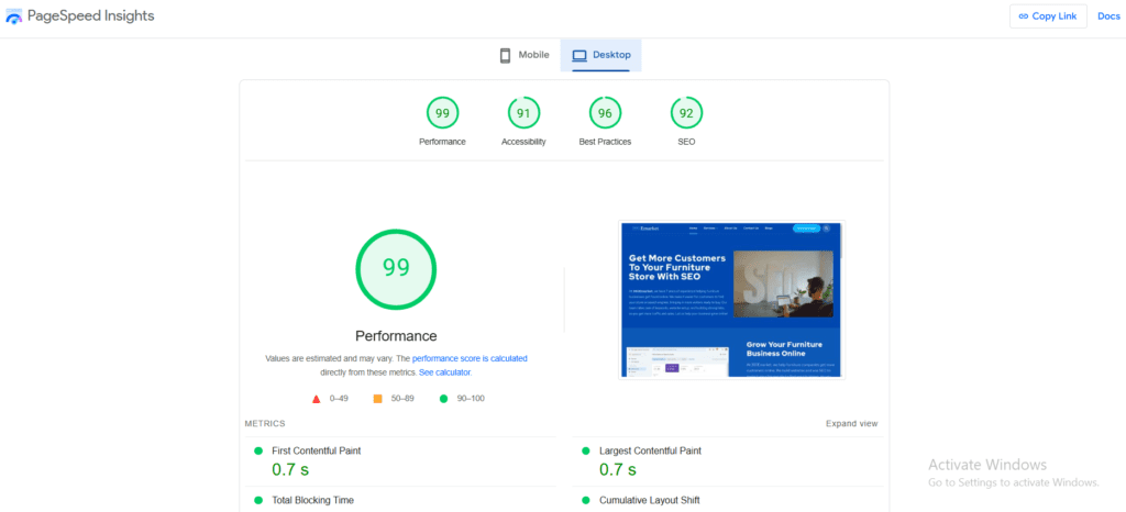 Page speed and performance analytics by Page Speed Insights.