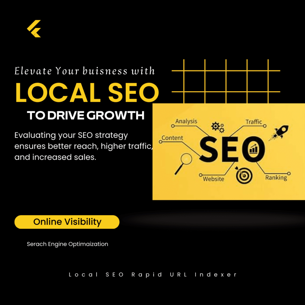 The Image of Local SEO Rapid URL Indexer is Promotional image for local SEO services with black and yellow text and icons.