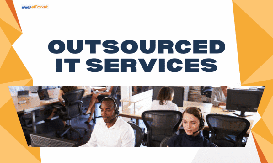 People working in an office with headsets under the text "OUTSOURCED IT SERVICES."