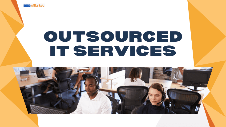 People working in an office with headsets under the text "OUTSOURCED IT SERVICES."