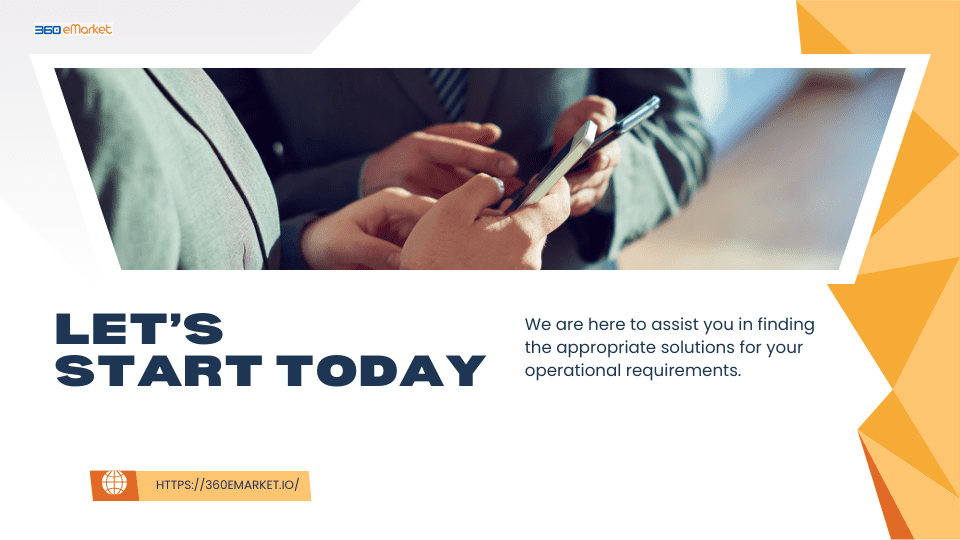 Promotional graphic for 360 eMarket displaying business professionals with a phone and text reading "LET'S START TODAY."

