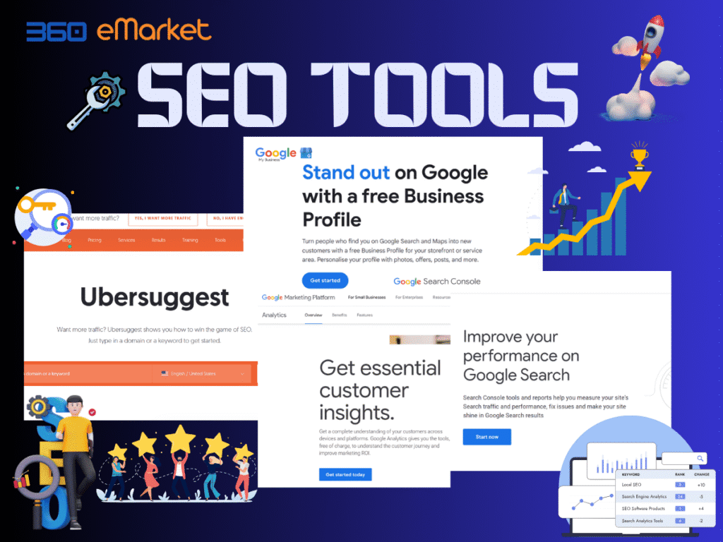 A digital collage of SEO tools with logos and screenshots.