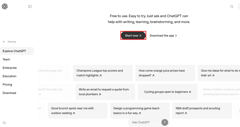 ChatGPT interface screenshot with "Start now" button and menu options. Related to "gemini vs chatgpt."