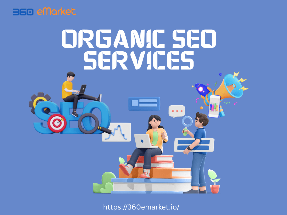 Illustration of people working with text "ORGANIC SEO SERVICES"