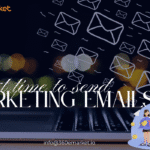 Laptop with email icons and text "best time to send marketing emails".