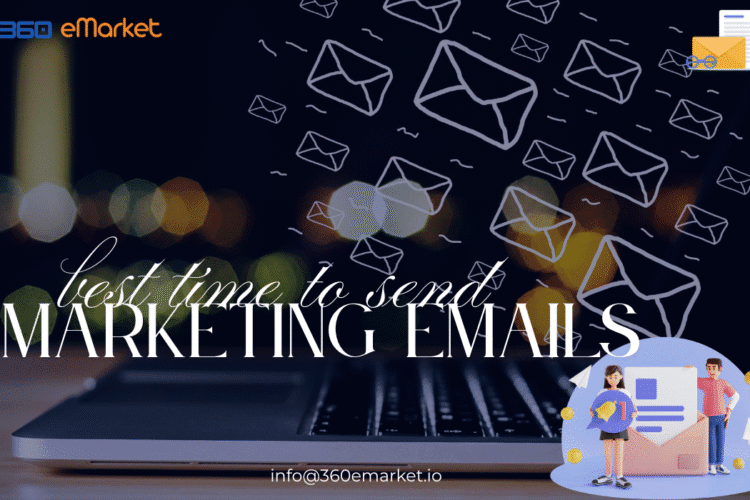Laptop with email icons and text "best time to send marketing emails".